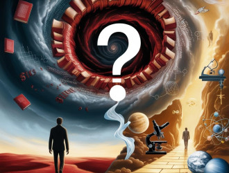 Arte digital em paisagem com atmosfera filosofica e simbolica representando o confronto entre pseudociencia verdade e o dialogo entre fe e ciencia. A esquerda da imagem uma figura humana caminha em direcao a u