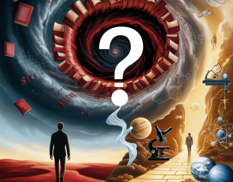 Arte digital em paisagem com atmosfera filosofica e simbolica representando o confronto entre pseudociencia verdade e o dialogo entre fe e ciencia. A esquerda da imagem uma figura humana caminha em direcao a u