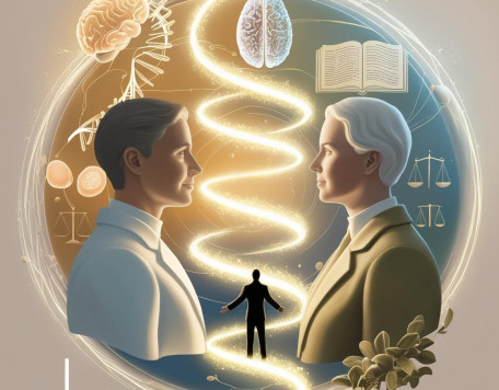 Arte digital em paisagem com atmosfera reflexiva e filosofica abordando o tema do personalismo e a dignidade humana. No centro da imagem destaque duas figuras humanas uma voltada para dentro de si o eu e