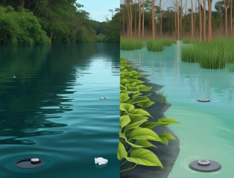 Arte digital em paisagem representando os mananciais hidricos e o impacto ambiental de forma simbolica e reflexiva. De um lado da imagem mostre um igapo uma floresta alagada com aguas tranquilas e vegetacao ex