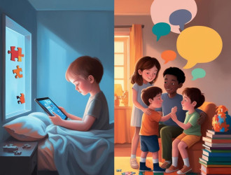 Arte digital em paisagem sensivel e simbolica sobre o autismo na infancia e adolescencia com foco no equilibrio entre interacao e isolamento causado pelas telas. No lado esquerdo uma crianca com tracos suaves