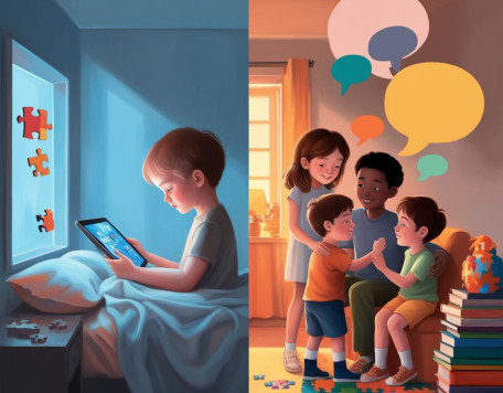 Arte digital em paisagem sensivel e simbolica sobre o autismo na infancia e adolescencia com foco no equilibrio entre interacao e isolamento causado pelas telas. No lado esquerdo uma crianca com tracos suaves