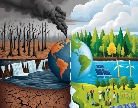 Arte digital horizontal simbolizando o impacto das mudancas climaticas e o conceito de sustentabilidade. Divida a cena em duas metades contrastantes  de um lado uma paisagem marcada por mudancas climaticas fl
