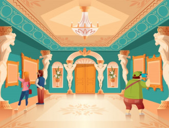 exposicao do museu dos desenhos animados do vetor com imagens e visitantes no salao de baile real com colunas do atlas ar 1441 2356